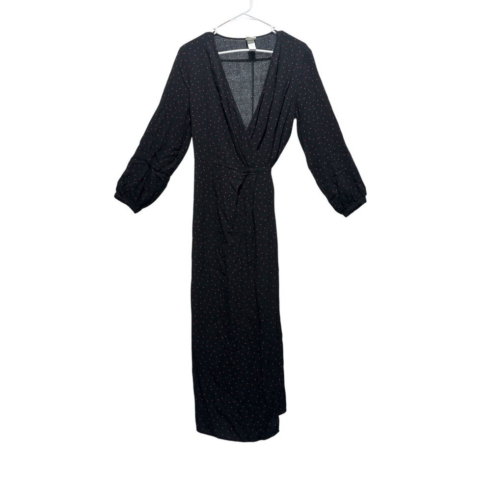 H&M Hearts Print Wrap Maxi Dress Womens Medium Black Red Ballon Sleeves Modest